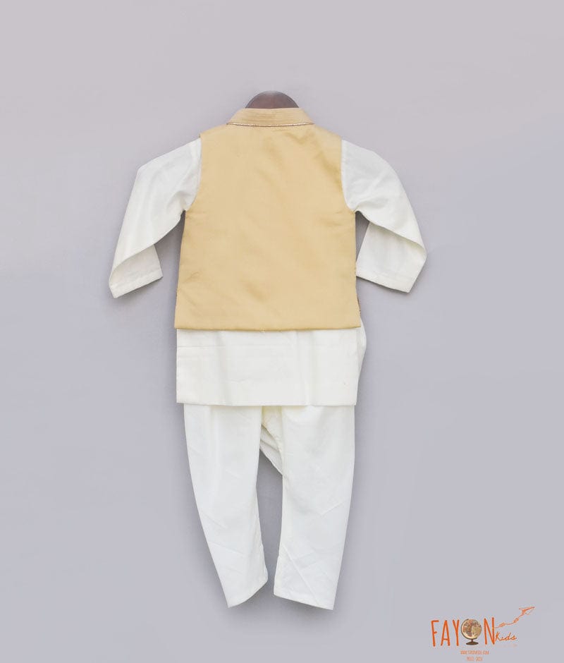 Beige Embroidery Nehru Jacket with Cowl Kurta Chudidar for Boys