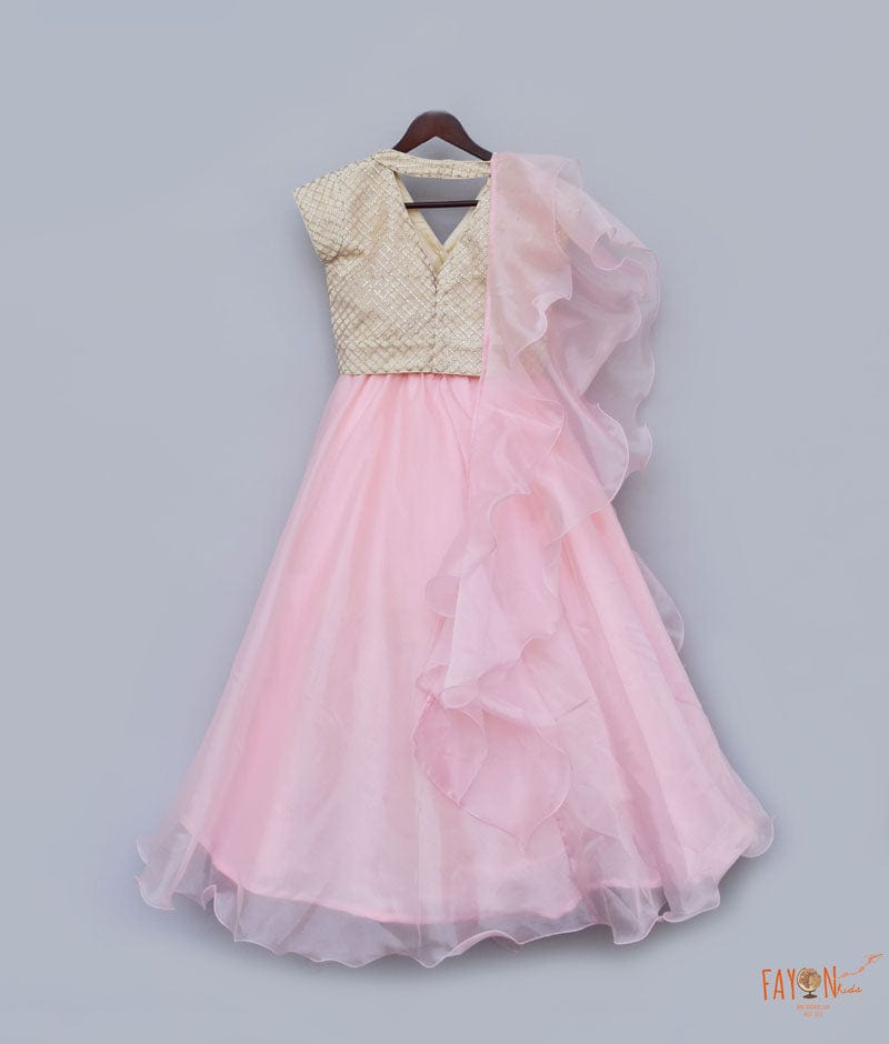 Beige Embroidery Pink Organza Lehenga with Choli Organza Dupatta for Girls