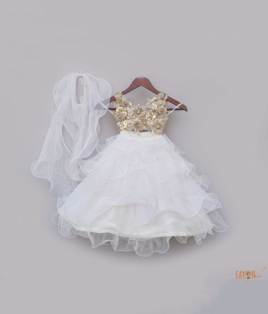 Beige White Organza Lehenga with 3D Flowers Choli Organza Dupatta for Girls