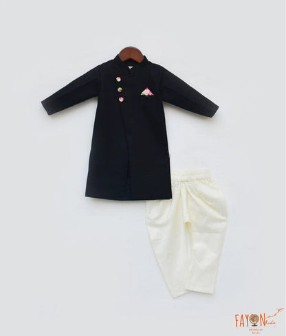 Fayon Kids Black Ajkan with Off White Chudidar for Boys