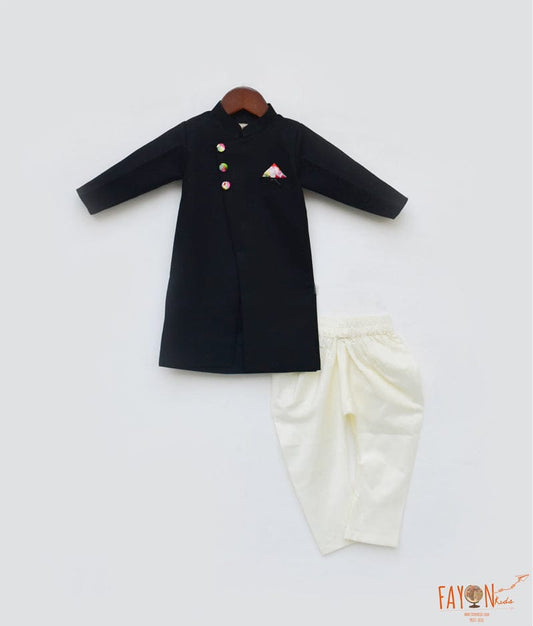 Fayon Kids Black Ajkan with Off White Chudidar for Boys