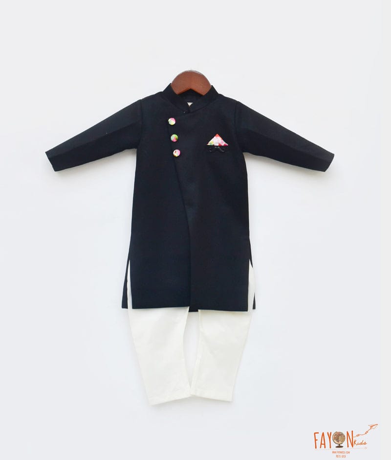 Fayon Kids Black Ajkan with Off White Chudidar for Boys