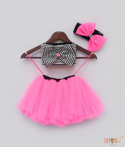 Fayon Kids Black and White Hot Pink Net Tube Top with Tutu Skirt for Girls