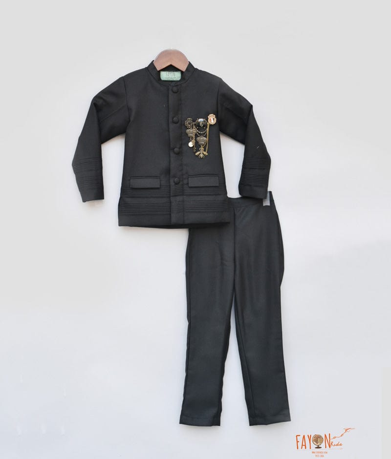 Fayon Kids Black Bandgala with Broach Pant for Boys