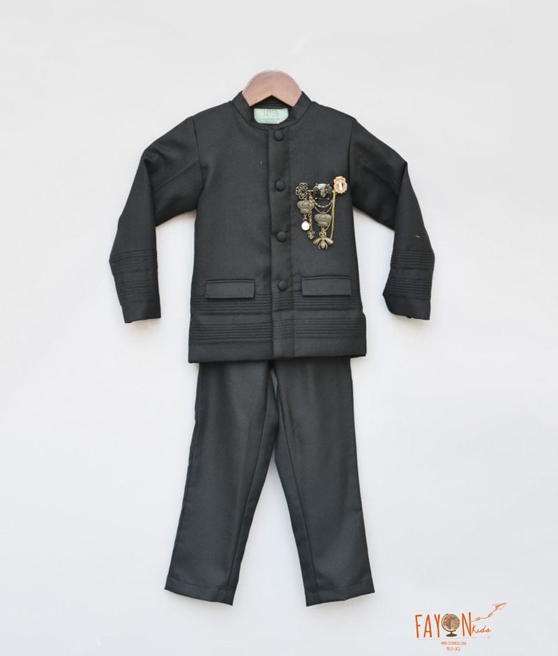 Fayon Kids Black Bandgala with Broach Pant for Boys