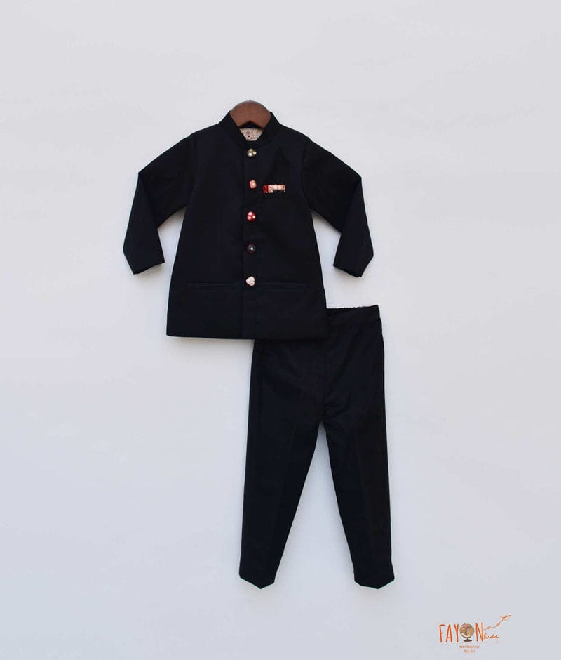 Fayon Kids Black Bandgala with Mirror Embroidery Buttons Pant for Boys