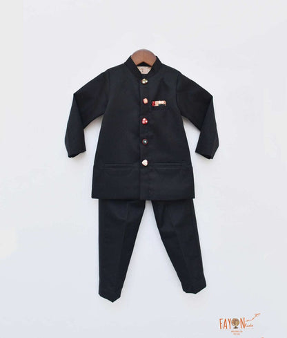 Fayon Kids Black Bandgala with Mirror Embroidery Buttons Pant for Boys