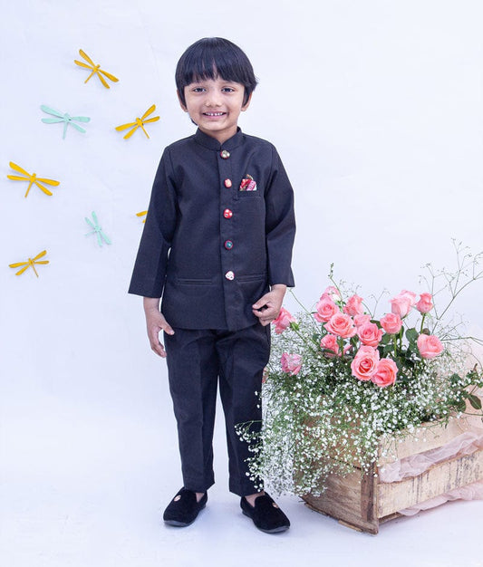 Fayon Kids Black Bandgala with Mirror Embroidery Buttons Pant for Boys