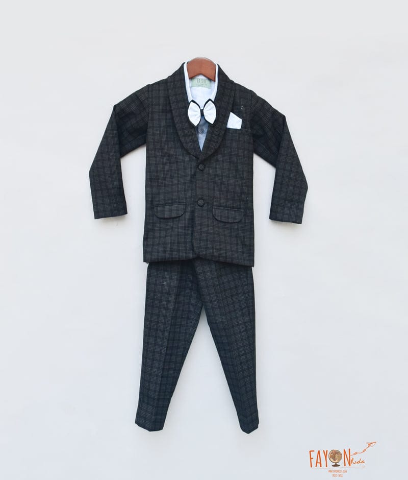 Fayon Kids Black Check Coat with Blue Shirt Pant for Boys