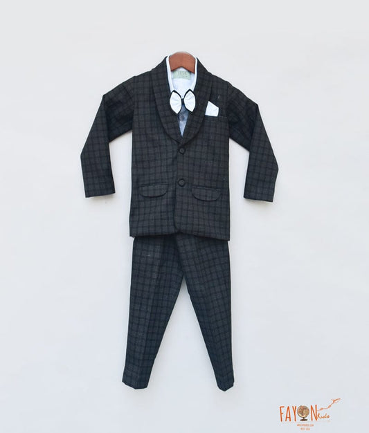 Fayon Kids Black Check Coat with Blue Shirt Pant for Boys