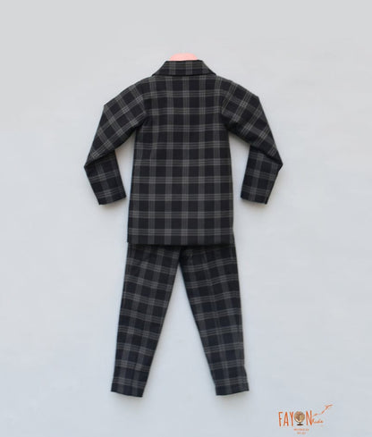 Fayon Kids Black Check Coat with Peach Shirt Pant for Boys