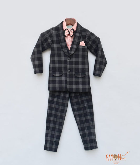 Fayon Kids Black Check Coat with Peach Shirt Pant for Boys