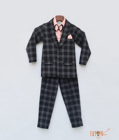 Fayon Kids Black Check Coat with Peach Shirt Pant for Boys