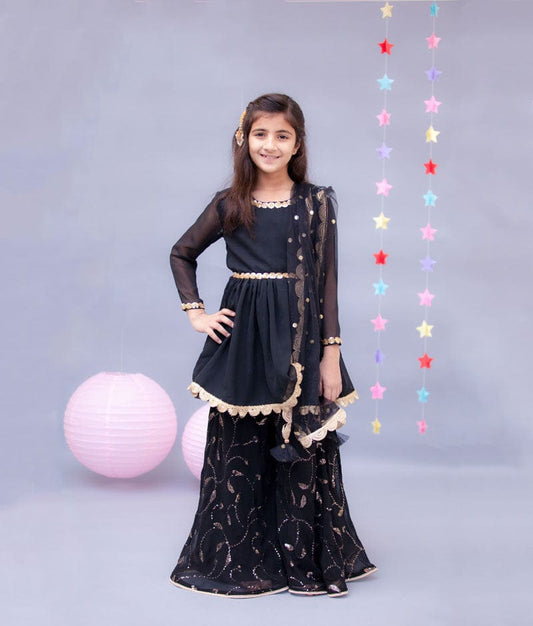 Fayon Kids Black Georgette Black Sequins Sharara with Kurti Boti Net Dupatta for Girls