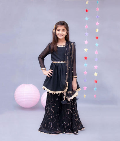Shop Black Georgette Black Sequins Sharara with Kurti Boti Net Dupatta for Girls FayonKids Shop Black Georgette Black Sequins Sharara with Kurti Boti Net Dupatta for Girls FayonKids