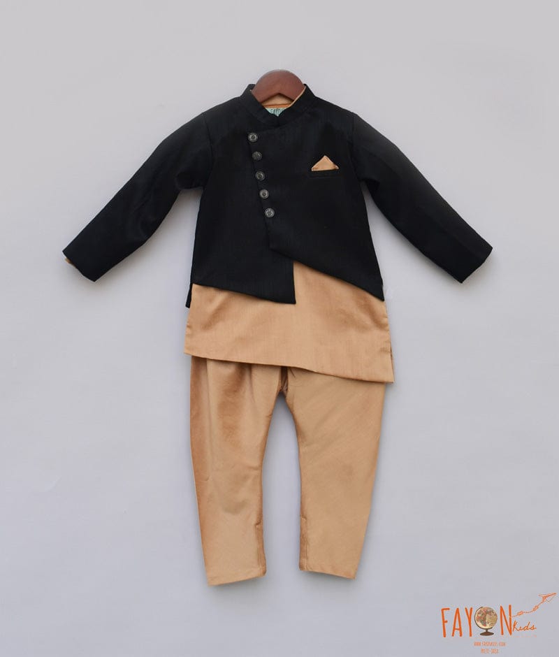 Fayon Kids Black Jacket with Brown Kurta Chudidar for Boys