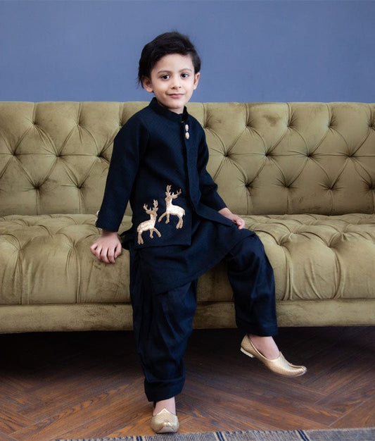 Fayon Kids Black Jacket with Kurta Salwar for Boys