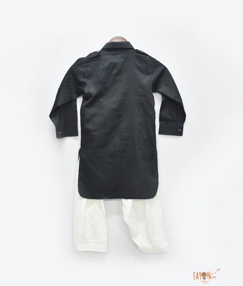 Black Kurta with Off White Salwar for Boys