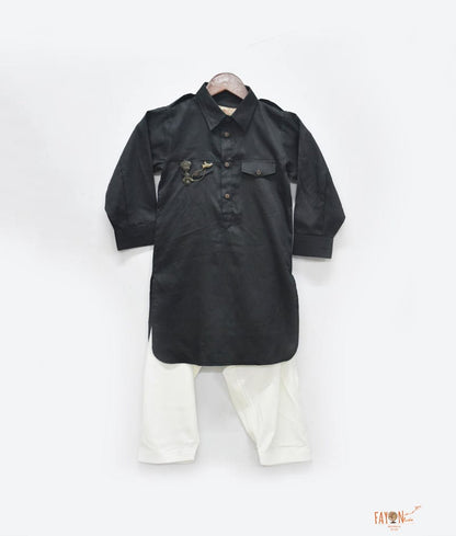 Black Kurta with Off White Salwar for Boys