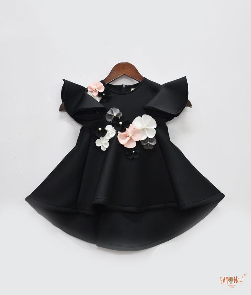 Fayon Kids Black Lycra Dress with Flowers for Girls