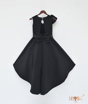 Black Lycra High Low Dress with Flowers for Girls