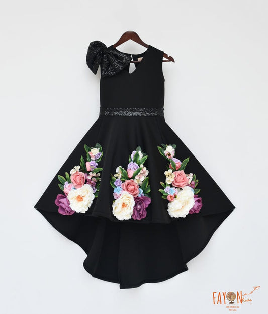 Fayon Kids Black Lycra High Low Dress with Flowers for Girls