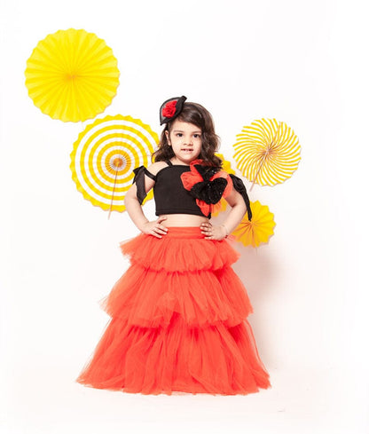 Fayon Kids Black Lycra Orange Net Crop Top with Skirt for Girls