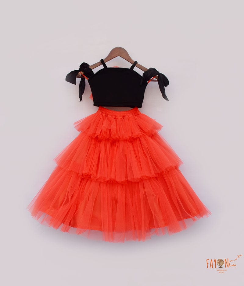 Fayon Kids Black Lycra Orange Net Crop Top with Skirt for Girls