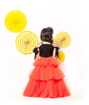 Black Lycra Orange Net Crop Top with Skirt for Girls