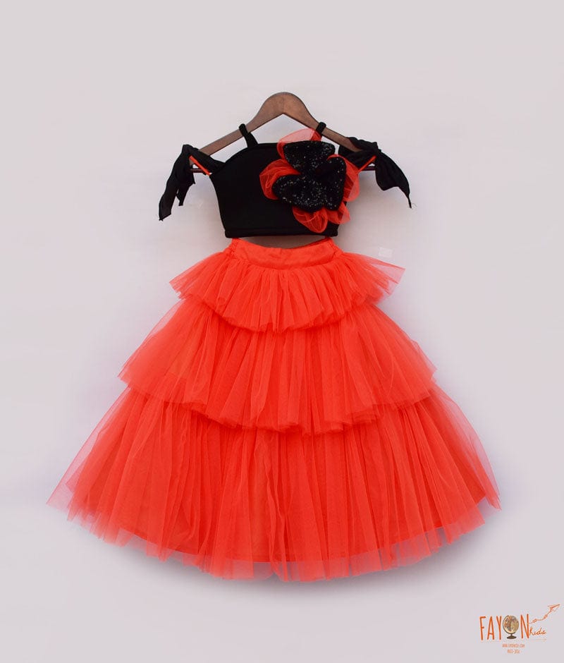 Fayon Kids Black Lycra Orange Net Crop Top with Skirt for Girls