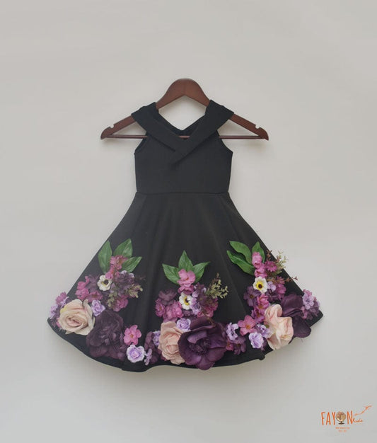 Fayon Kids Black Neoprene Dress with 3D Flowers for Girls