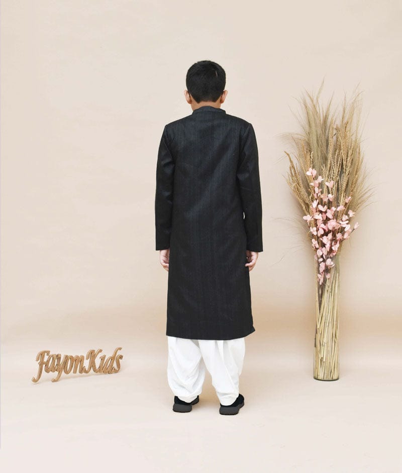 Fayon Kids Black Silk Ajkan with Off White Salwar for Boys