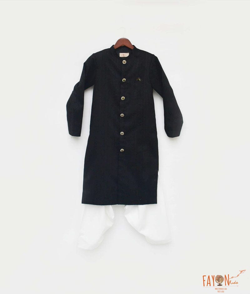 Fayon Kids Black Silk Ajkan with Off White Salwar for Boys