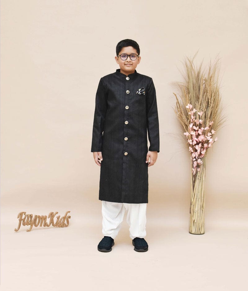 Fayon Kids Black Silk Ajkan with Off White Salwar for Boys