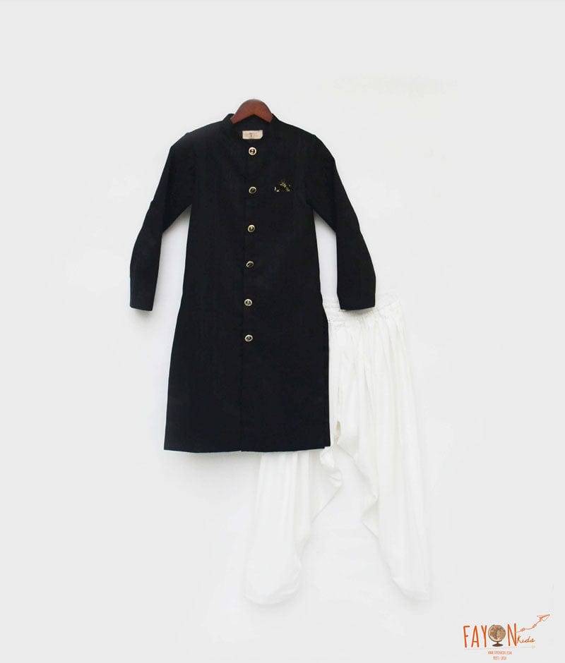 Fayon Kids Black Silk Ajkan with Off White Salwar for Boys