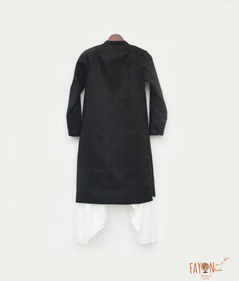 Fayon Kids Black Silk Ajkan with Off White Salwar for Boys