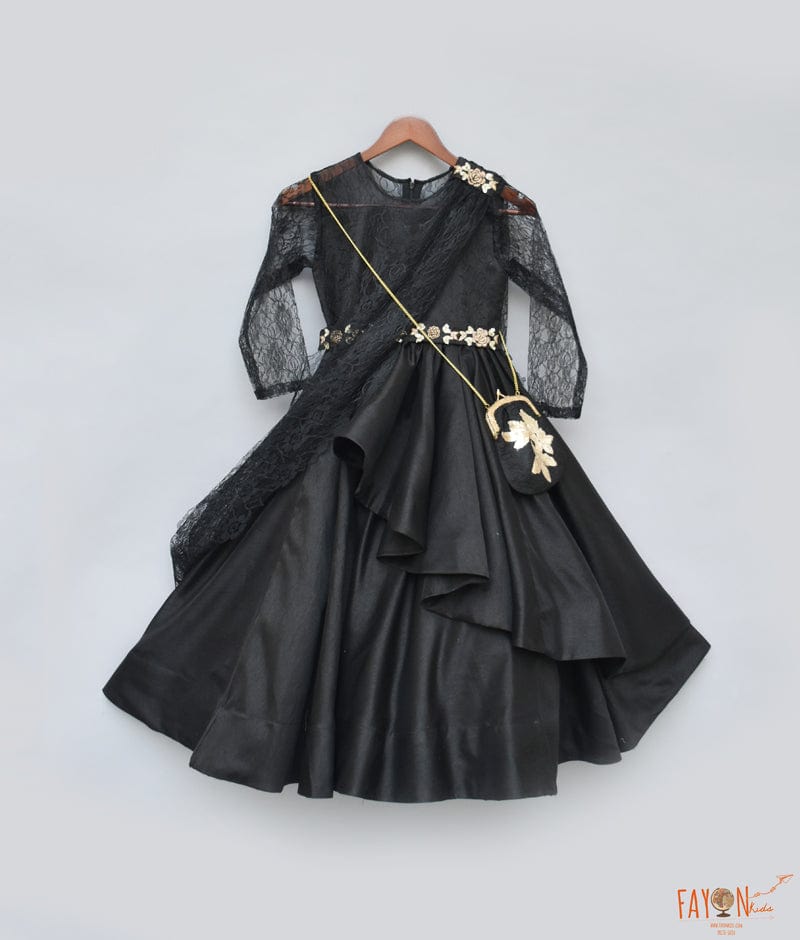 Black Silk Anarkali with Flower Net Drape Dupatta for Girls