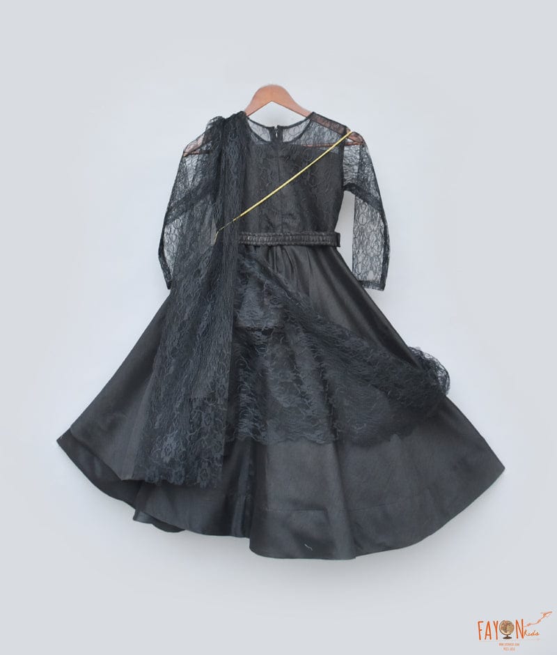 Black Silk Anarkali with Flower Net Drape Dupatta for Girls