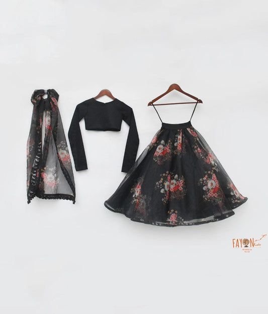 Fayon Kids Black Silk Black Organza Printed Lehenga with Choli Printed Organza Dupatta for Girls