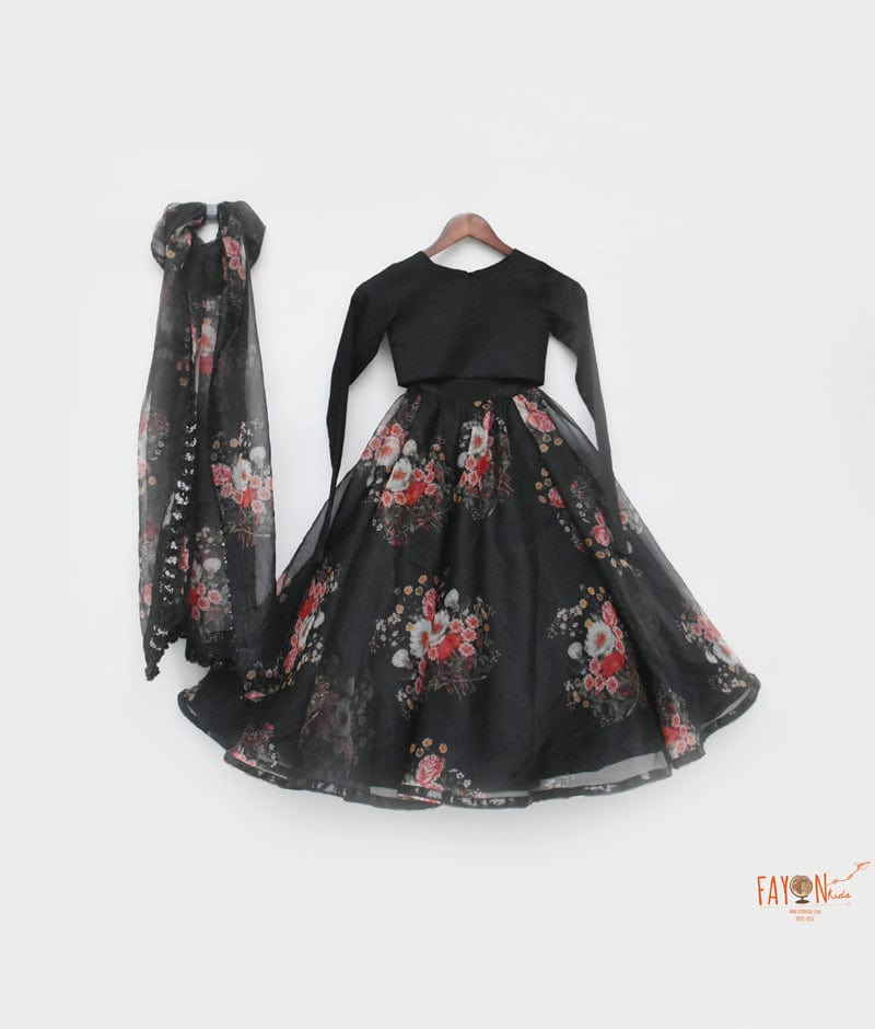 Black Silk Black Organza Printed Lehenga with Choli Printed Organza Dupatta for Girls