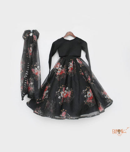 Black Silk Black Organza Printed Lehenga with Choli Printed Organza Dupatta for Girls