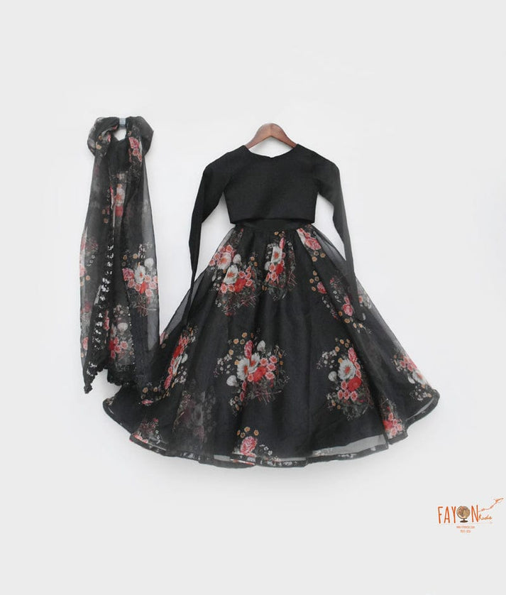 Black Silk Black Organza Printed Lehenga with Choli Printed Organza Dupatta for Girls