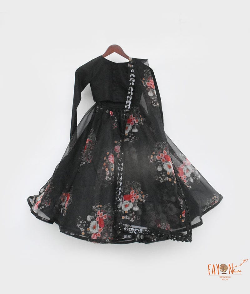 Black Silk Black Organza Printed Lehenga with Choli Printed Organza Dupatta for Girls