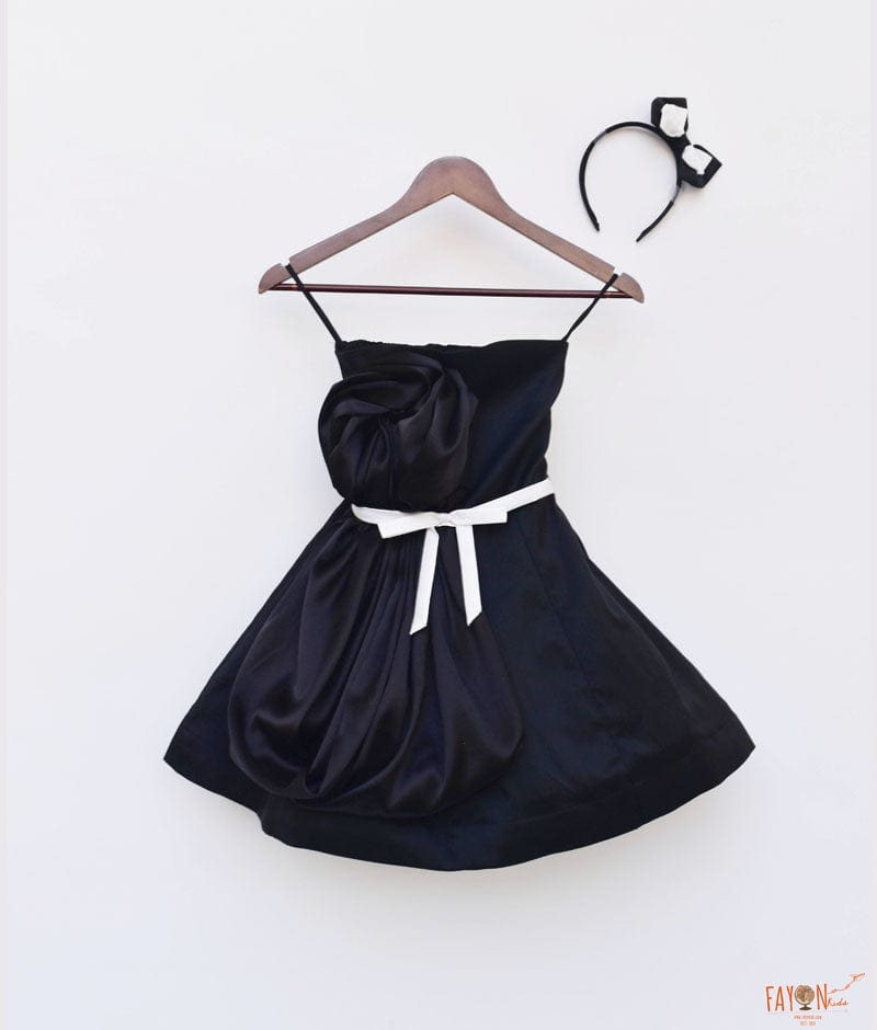 Fayon Kids Black Silk Dress with Black Drape for Girls