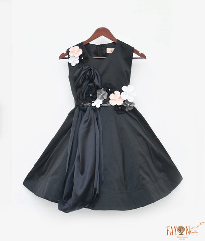 Fayon Kids Black Taffeta Silk Dress 3D Flowers for Girls