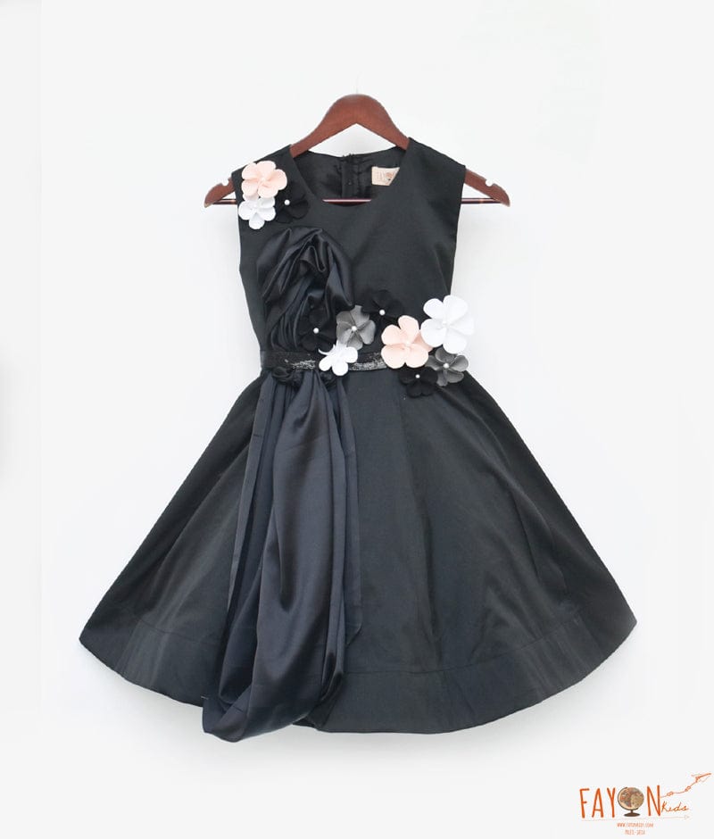 Black Taffeta Silk Dress 3D Flowers for Girls