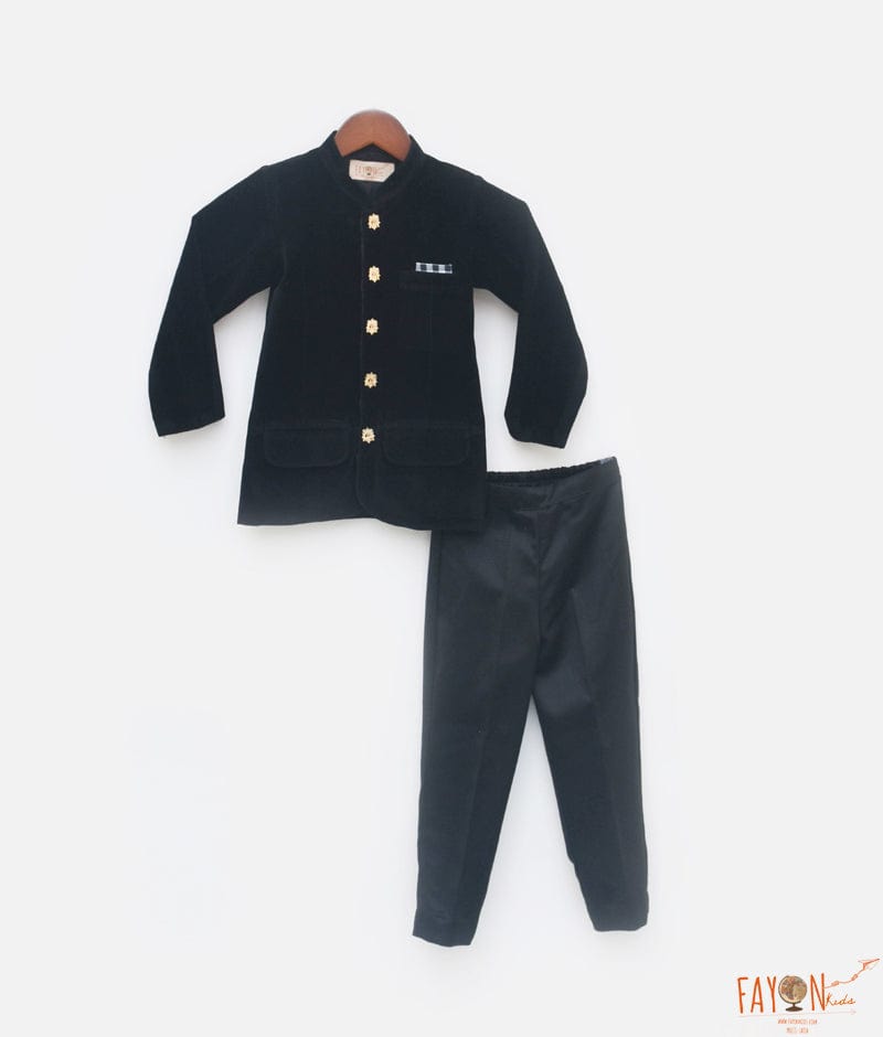 Fayon Kids Black Velvet Bandgala and Pant for Boys