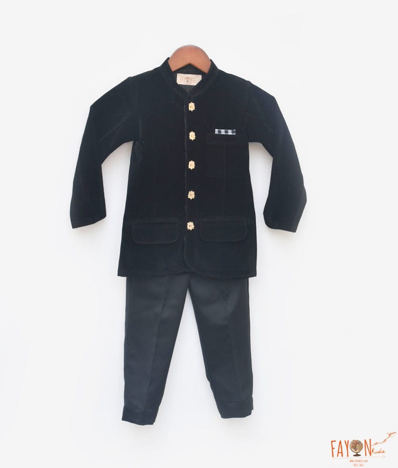 Fayon Kids Black Velvet Bandgala and Pant for Boys