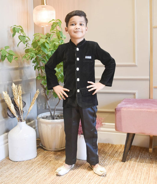 Fayon Kids Black Velvet Bandgala and Pant for Boys