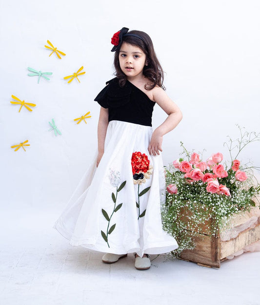 Fayon Kids Black Velvet Off white Embroidery Gown for Girls